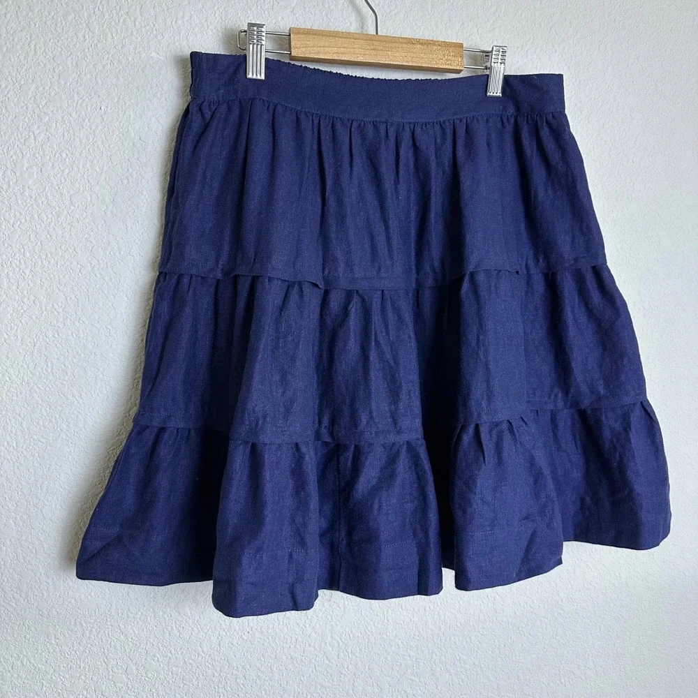 Soft Surroundings Navy Blue Linen Blend Tiered Ruffle‎ Mini Skirt Petite Medium